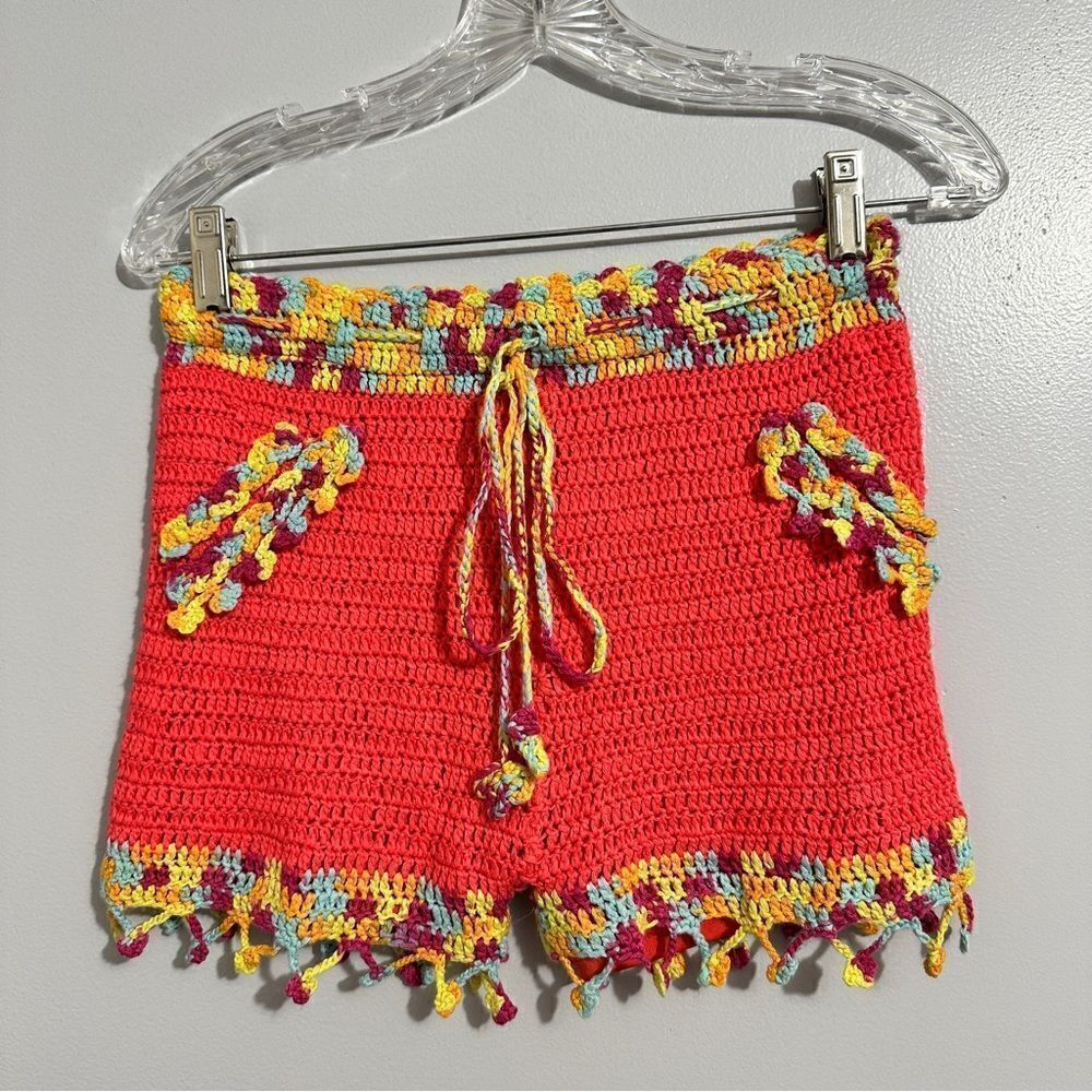 Shoreline Red Crochet Shorts with Multicolor Trim